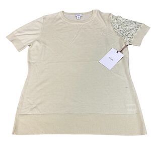 Lewit Sweater Womens Sz 1 Beige Merino Wool Lace Short Sleeve Crew Neck Pullover